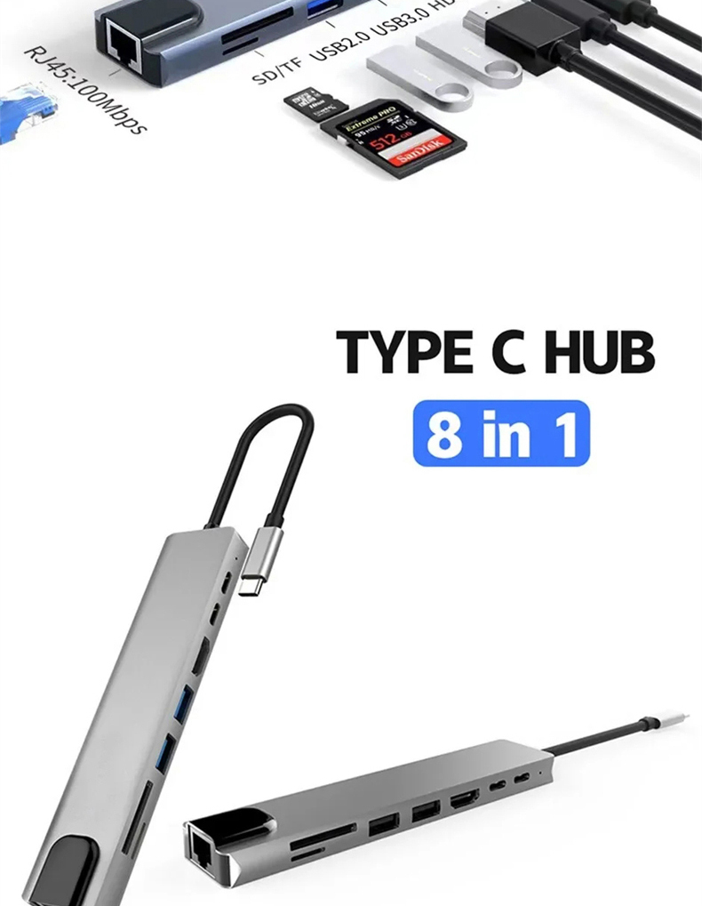 Tipo C 8 Em 1 USB Hub 4K HDTV Adaptador RJ45 Lan TF SD Leitor Estação ...