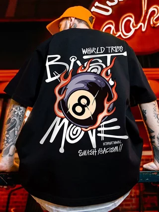 M-5XL Summer American Style T-shirt De Manga Curta Masculina Estilo Americano Moda Bilhar Preto 8 Print Graphic Tees Oversized Hiphop Streetwear Branco
