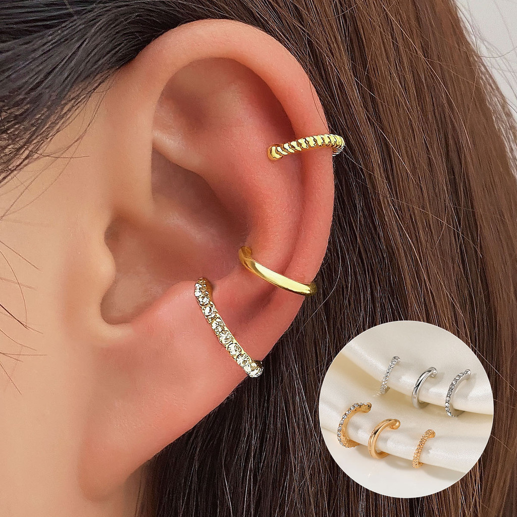 3pcs Simples e Requintado Conjunto de Clipes de Orelha em Forma de U Diamante Não Perfurado