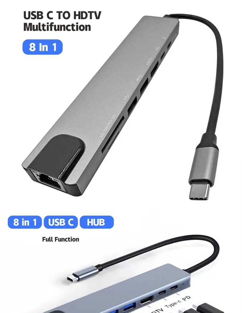 Tipo C 8 Em 1 USB Hub 4K HDTV Adaptador RJ45 Lan TF SD Leitor Estação ...