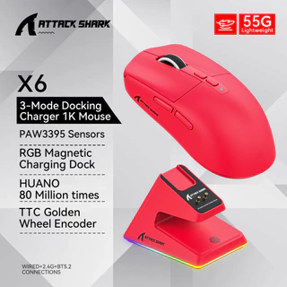 Ataque Shark X6 Rato de Jogo Bluetooth PixArt PAW3395 Conexão Tri-Mode Carregamento Magnético Toque RGB