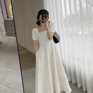 Vestido De Pescoço Quadrado Temperamento Para Joelho Feminino Comprimento Pequeno Preto