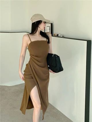 Vestido De Verão Camisole Fenda Pregueada Para Mulheres Vestidos Sexy Cintura Cinzento