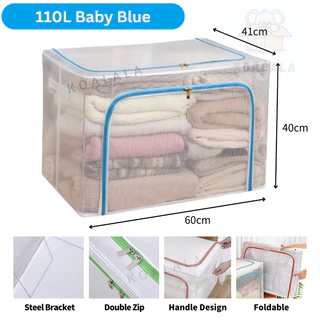Caixa De Armazenamento Dobrável Transparente De Roupas Oxford 110L-Azul Claro
