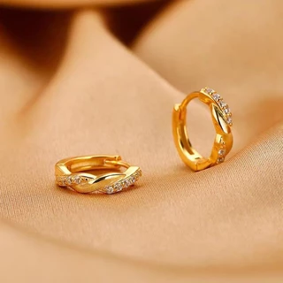 1 Par De Brincos De Argola Torcidos Banhados A Ouro 18k Com Pedras De Zircônia Brilhantes , Joias Elegantes Da Moda Para