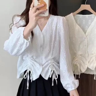 Estilo Francês Oco Com Decote Em V Camisa De Manga Comprida Para Mulheres Outono Design Sentido Cordão Amarrado Top Curt