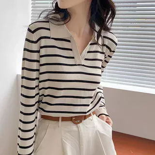 Camisa De Base Coreana Listrada Suave Temperamento Com Decote Em V Outono Manga Comprida Camiseta Para Mulheres Versátil