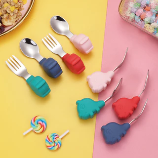 Kit De Garfos E Colheres Para Alimentação De Bebês , Aço Inoxidável , Com Caixa De Armazenamento , Alça De Silicone , Ta