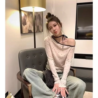 2024 primavera verão puro desejo estilo rendas bolinhas de manga comprida camiseta feminina sem alças magro-ajuste mais