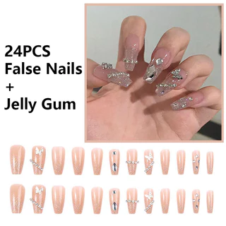 24 Pçs/Set Arte Unhas Falsas De Comprimento Médio Diamante Tridimensional Borboleta Geléia Cola Bonito Usar