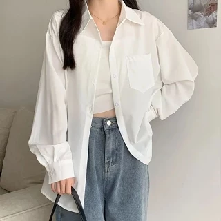 Camisa de cor sólida senhoras solta longo topo Design diário versão coreana moda Casual escritório senhoras All-Match su