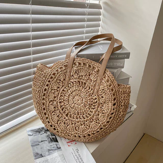 Bolsa de ombro de grande capacidade com fecho de zíper de cor sólida Bolsa de palha redonda