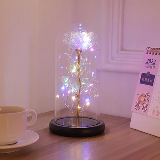 Ornamento De Tampa De Vidro Com Luz LED , Caixa De Presente Rosa Em Folha De Ouro , Eterna