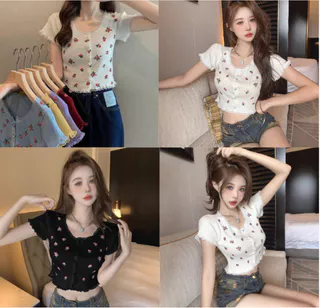 Sweetheart Crop Tee-Bordado Floral Francês Renda Guarnição Top Mangas Curtas