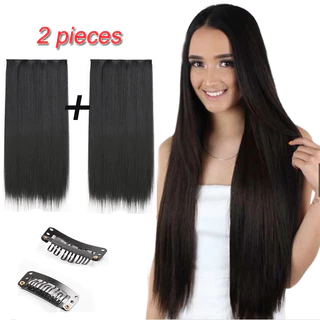 (2 Peças) 24 Polegadas Perucas Longas E Retas Clipe Em Extensões De Cabelo Sintético Uma Peça Preto Marrom Peruca Para M