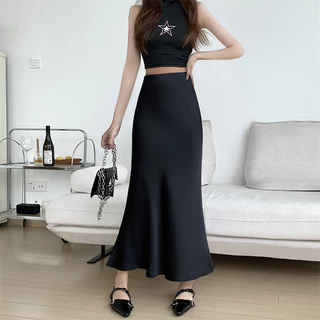 Real tiro sem reduzir Hip saia cetim Fishtail saia de comprimento médio feminino verão Design nicho saia de cintura alta