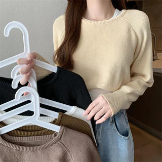 Outono inverno novo estilo curto pulôver camisola feminina cintura alta meia cortada manga longa preguiçoso camisola blu