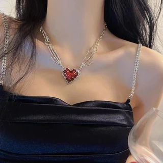 Punk único vermelho escuro amor coração pingente colar clavícula corrente fantasma garra único escuro nicho Design colar