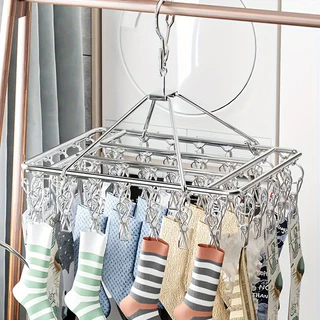 Rack De Secagem De Roupas De Aço Inoxidável Com 62 Clipes-Acabamento Polido , Gancho Giratório , À Prova De Vento , Para