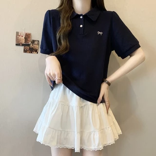 Versão Coreana Esportes Lazer Gola Polo Manga Curta Camiseta Para Mulher Verão Simples Versátil Fino Ajuste Topo