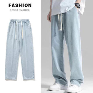 Calças De Brim Masculinas Soltas Cordão Corte Reto Jeans Cleanfit Estilo Coreanas Largas Casuais