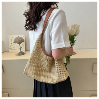 Moda Feminina Bolsa Vintage Tecido À Mão Rattan De Ombro Praia-Marrom