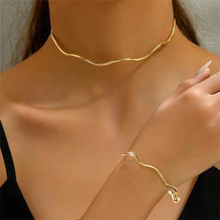Ajustável Ouro Prata Colar Pulseira Conjunto Moda Onda Borda Gargantilha Versátil Presente em Oferta na Shopee
