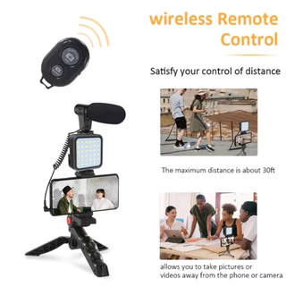 AY-49 Kit De Fabricação De Vídeo Câmera Gravação Com Microfone + Luz LED + Tripé + Conjunto De Clipe De Telefone