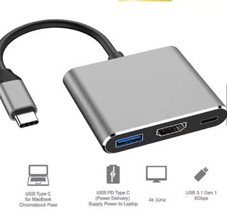 Adaptador De Carregamento Rápido 3 Em 1 Type C Para HDTV + USB + PD 4K HDMI