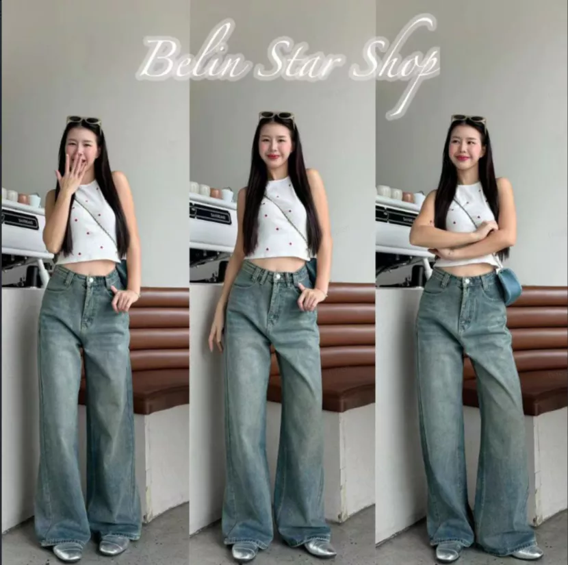 Cintura alta solta Retro azul calças retas calças Jeans calças de chão feminino atacado