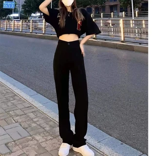 Calça Jeans preta feminina, calça alta solta de perna reta, primavera verão, cintura alta, esfregão de chão