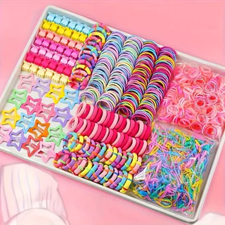 Conjunto com 875pcs de elásticos de cabelo coloridos mistos com clipes em forma de estrela para penteados. em Oferta na Shopee