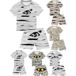 Fantasia bonito dos desenhos animados múmia padrão menino camiseta terno verão Shorts de manga curta camiseta infantil e