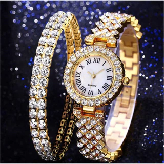 2 unidades / conjunto Relógio de quartzo com pulseira de aço romano cravejado de diamantes da moda Casual + conjunto de
