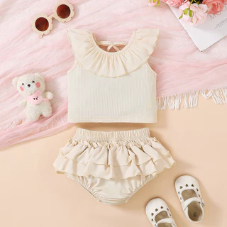 Conjunto De 2 Peças De Roupas Para Bebês Meninas De 3 A 24 Meses , Cor Lisa , Sem Mangas , Gola Redonda , Top Com Saia ,