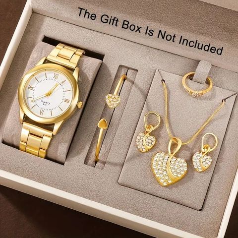 Conjunto De 6 Peças De Relógios De Quartzo Femininos , Mostrador Romano Simples , Joias De Coração De Strass De Luxo — foto 1 — Achou Levou Brasil