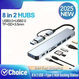 8 em 2 USB + Tipo C HUB Estação de Ancoragem com Adaptador de Jack de Áudio de 3,5 mm Leitor de Cartão Micro SD em Oferta na Shopee