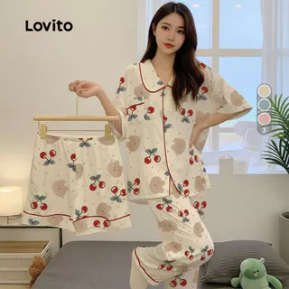 Lovito Kit Pijama Feminino 3 Peças Algodão Estampa Cereja Nuvem Blusa Calça Shorts LNE126191 em Oferta na Shopee