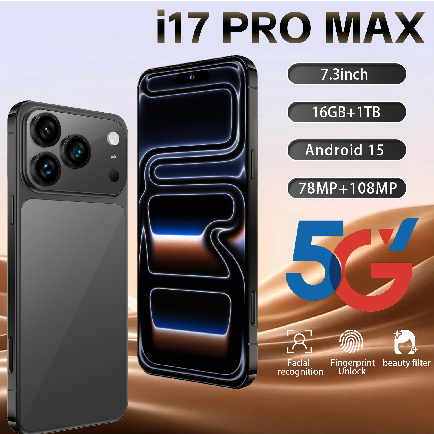 Versão Global i17 Promax 5G smartphone 8GB + 256GB 7.3 Polegadas