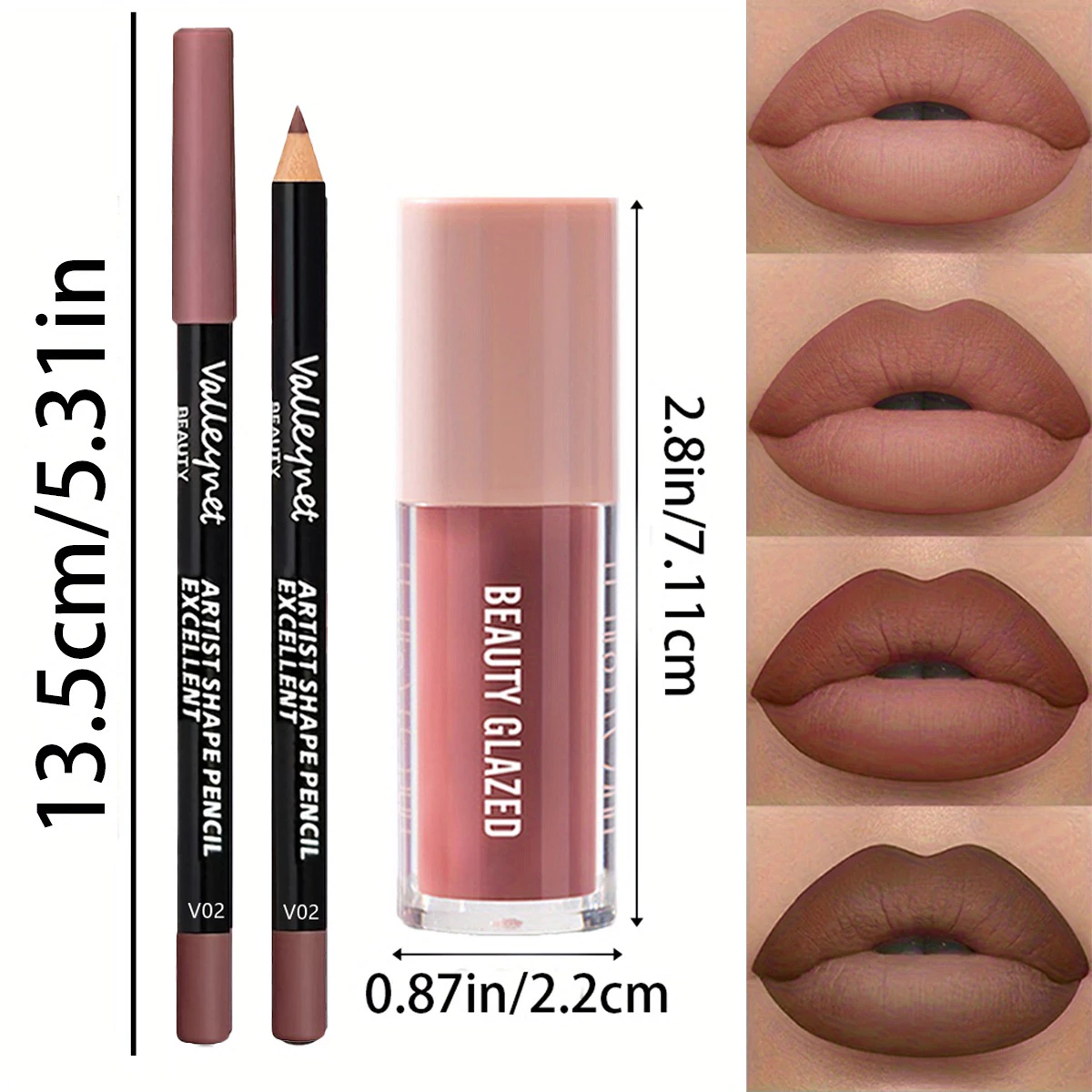 BEAUTY GLAZED 2 Peças De Conjunto De Lábios Foscos De Veludo-Delineador Labial À Prova D'água E Escolha De Esmalte Ofici