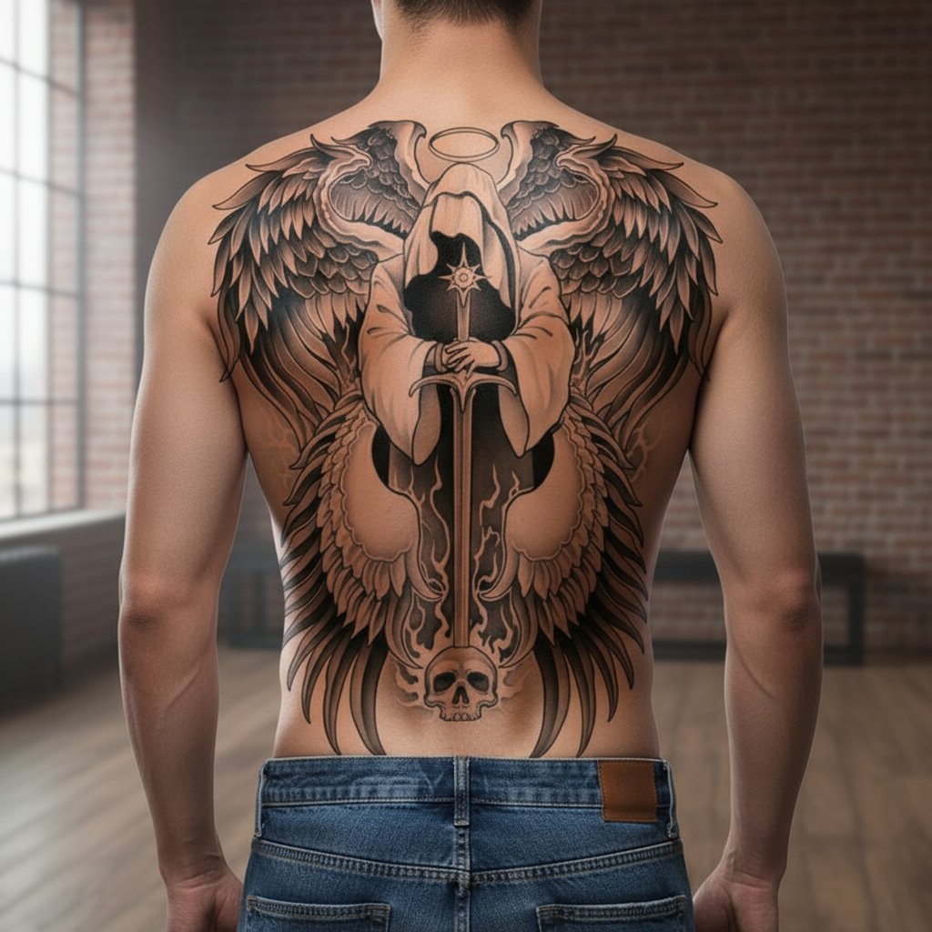Asas de Anjo Escuras Realistas Tatuagem Completa nas Costas Impermeável ...
