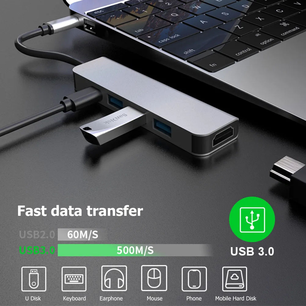 Adaptador Multifuncional 5 Em 1 Porta Tipo C Para HDMI Hub USB 3.0 2.0 ...
