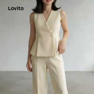 Lovito Kit Feminino Verão/Primavera Plissado Com Botões Calça ou Top Casual L129ED694
