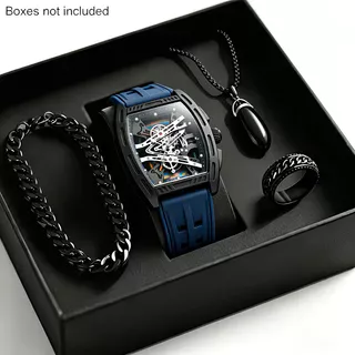 Conjunto De Relógio Esqueleto Tonneau Masculino Com Pulseira De Colar Para Anel 4 Unidades