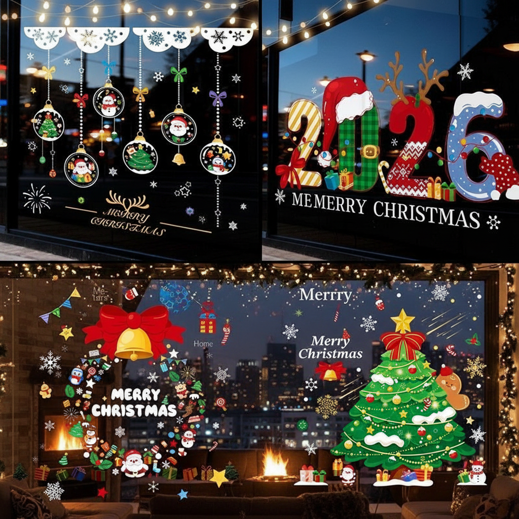 Adesivos de Natal com Fixação Estática para Vitrine de Árvore e Porta ...