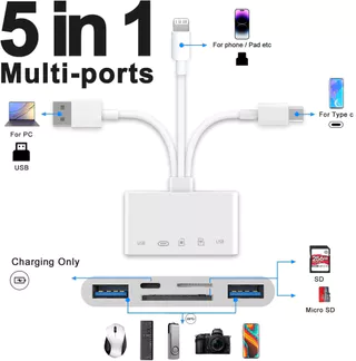 5 em 1 Leitor de Cartão de Memória USB OTG Adaptador & Leitor de Cartão SD para iPhone iPad USB C e USB Suporta SD em Oferta na Shopee