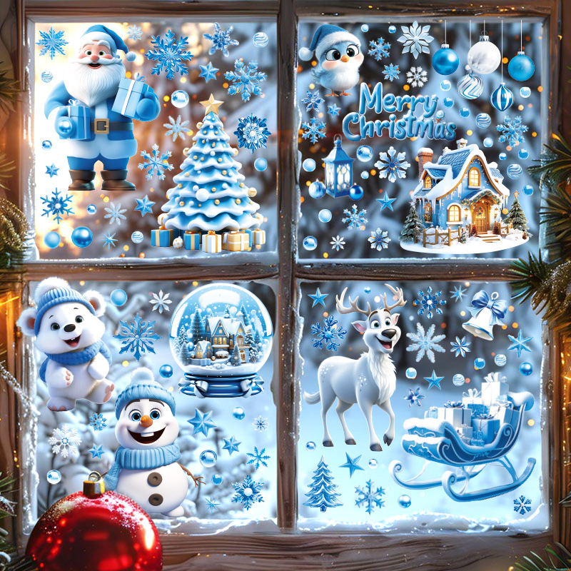 Adesivos De Janela Com Tema De Natal-Lindos Padrões De Papai Noel , Adsorção Eletrostática Dupla Face Para Loja E Casa ,