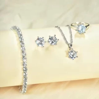 Conjunto De Joias De Pérola Elegante Para Mulheres Colar Brincos Pulseira Anel 4 Peças (Apenas Prata) em Oferta na Shopee