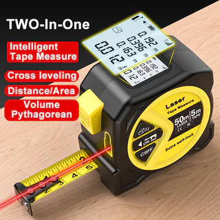 Fita Métrica a Laser Recarregável USB 2 em 1, Medidor de 50 m + Fita de Aço Autotravante de 5 m, Nível de Linha Cruzada,