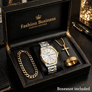Relógio De Quartzo Dourado Masculino Strass Dia-Data Dial Pulseira Cubana Cruz Pingente Colar Gravado Anel Negócios Casu